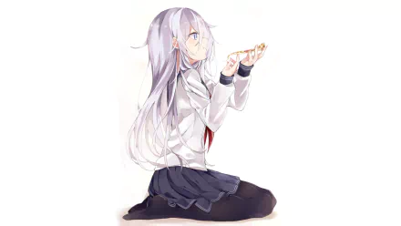 HD PC desktop wallpaper featuring Hibiki from Kantai Collection in anime style, kneeling with long silver hair and a thoughtful expression against a white background.