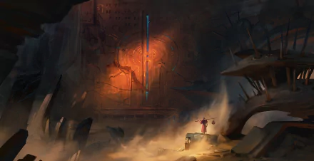 A dark fantasy landscape featuring ancient ruins illuminated by a glowing vertical light, with a lone figure standing amidst mist and jagged rocky formations.