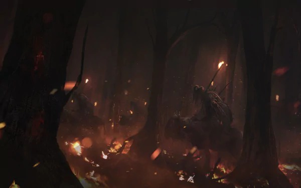 HD desktop wallpaper featuring an intense anime scene set in a dark, eerie jungle, with shadowy figures holding torches, adding dramatic lighting to the mysterious forest background.