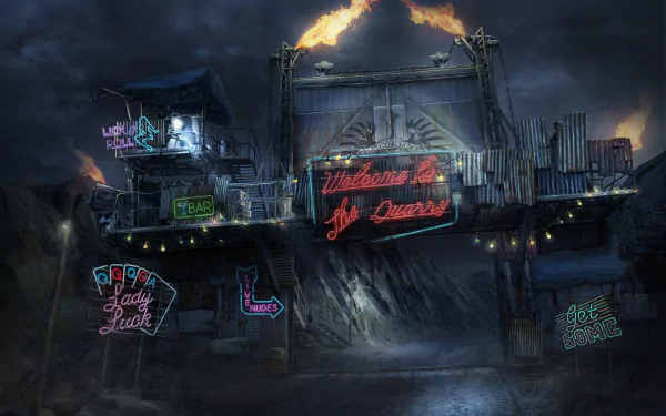 Post-apocalyptic HD desktop wallpaper from the video game Sniper: Ghost Warrior 3, featuring a dark, ruined settlement with glowing neon signs and a fiery sky.