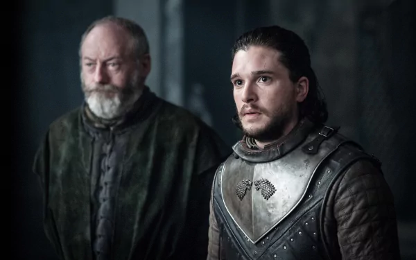 Game of Thrones 4K Ultra HD PC wallpaper: Davos Seaworth and Jon Snow stand in a dim hall, Jon in armor and Davos in a cloak, both with tense, wary expressions.