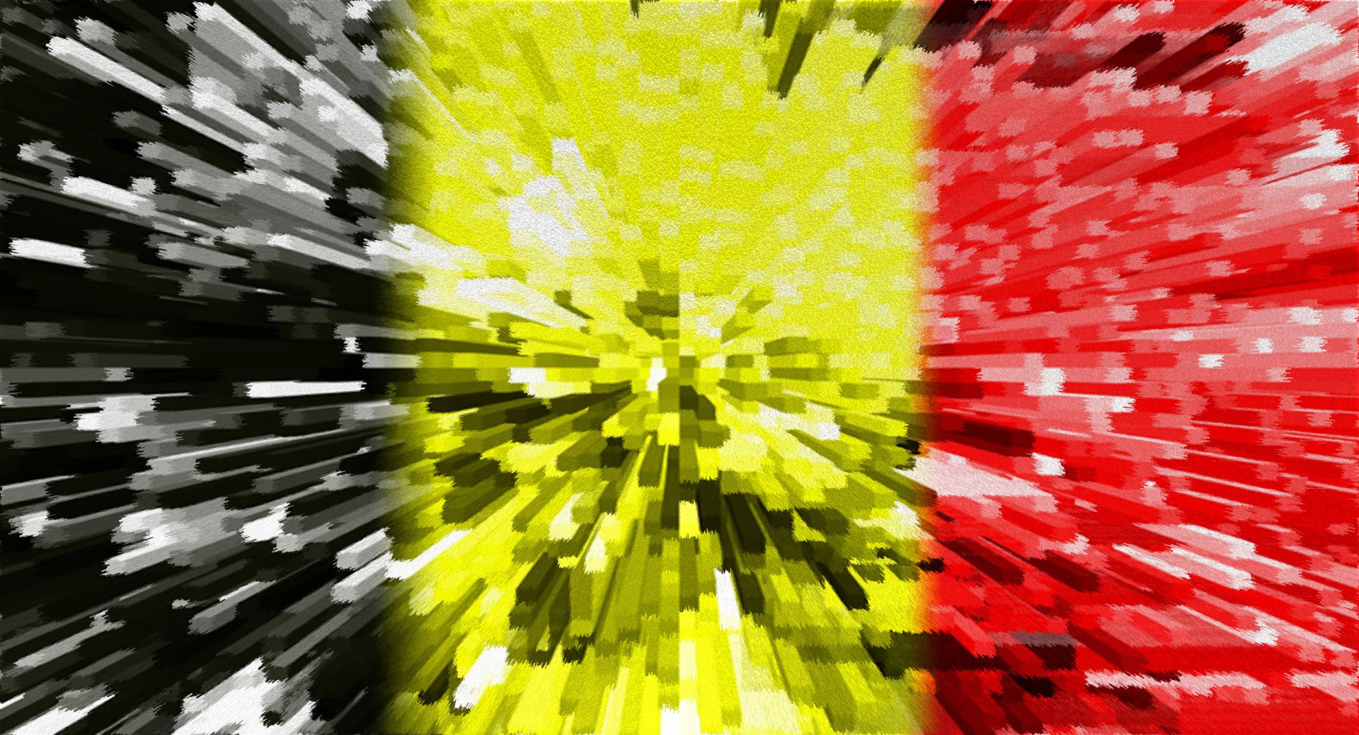Abstract HD desktop wallpaper featuring a dynamic, pixelated effect of the Belgium flag with black, yellow, and red vertical stripes.