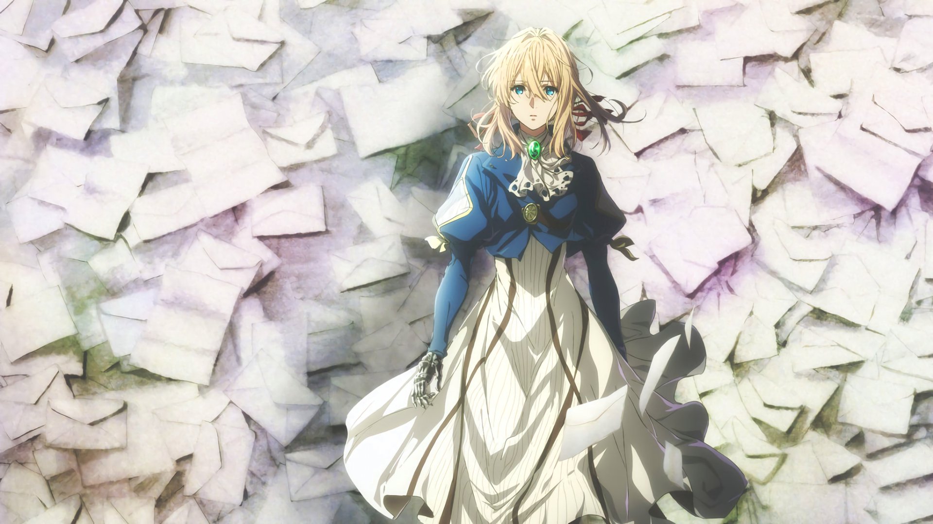 HD wallpaper featuring Violet Evergarden, an anime character, standing against a background of scattered letters. Violet is elegantly dressed in a detailed, classic outfit, highlighting the anime's artistic style.
