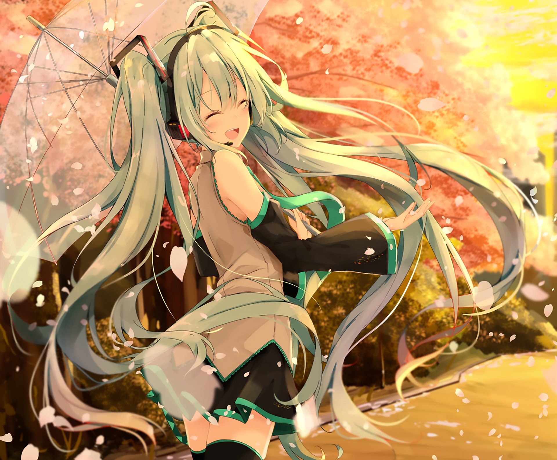HD PC desktop wallpaper featuring Hatsune Miku from Vocaloid, depicted in anime style with flowing twin tails and a joyful expression against a warm, autumnal background.