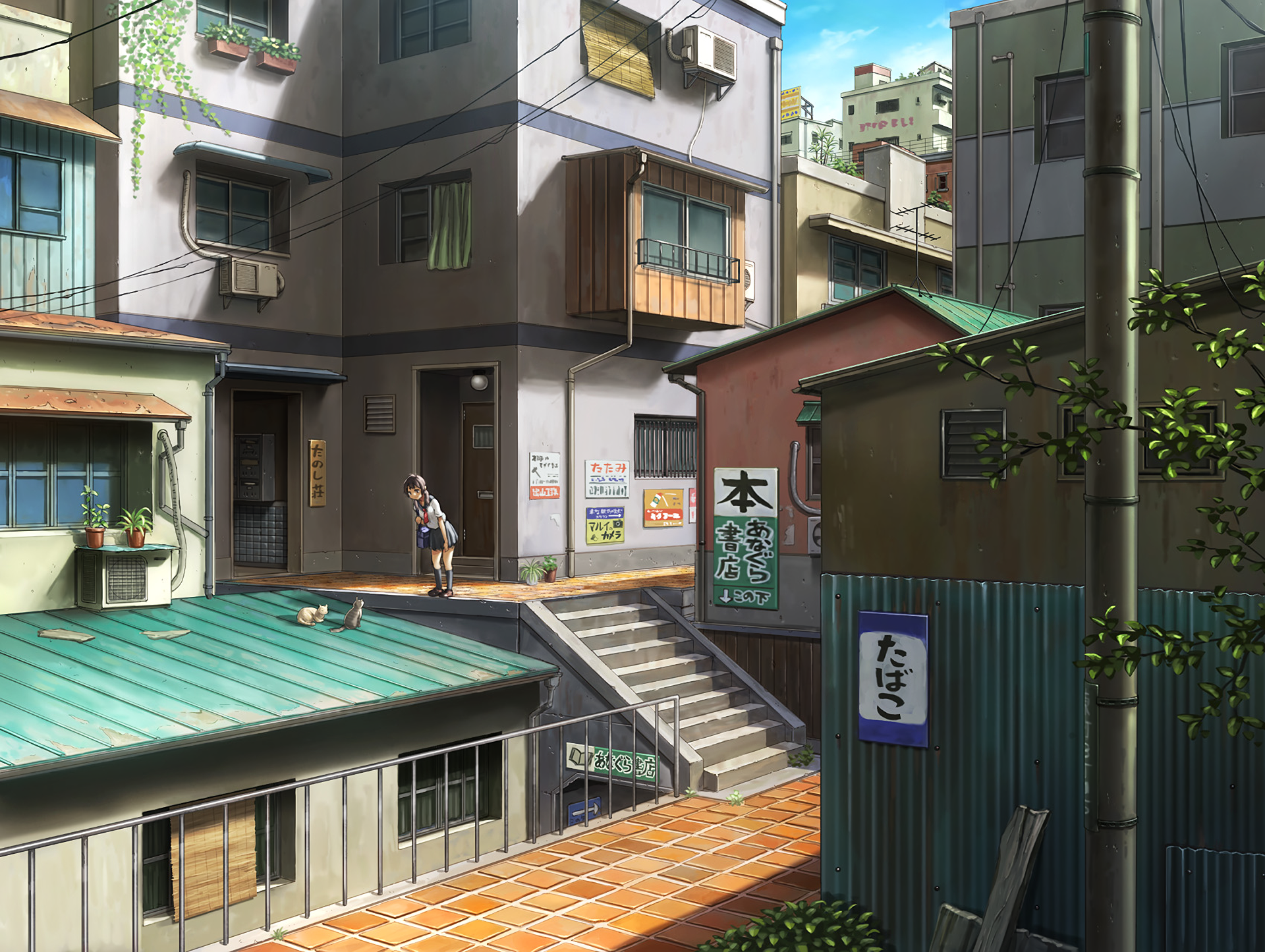 Anime-style HD PC desktop wallpaper featuring a schoolgirl and a cat in a detailed urban setting, blending original anime art with a serene, everyday scene.
