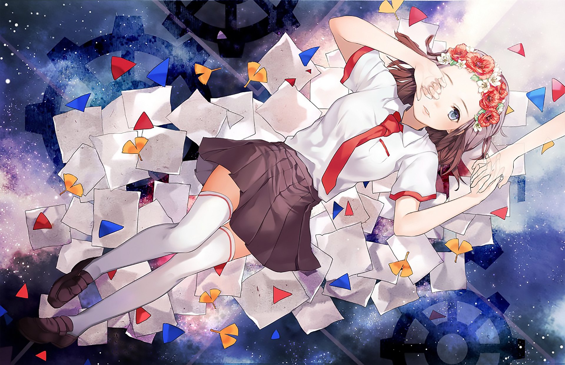 Anime-style original HD desktop wallpaper featuring a girl in a school uniform surrounded by floating geometric shapes and a cosmic background.