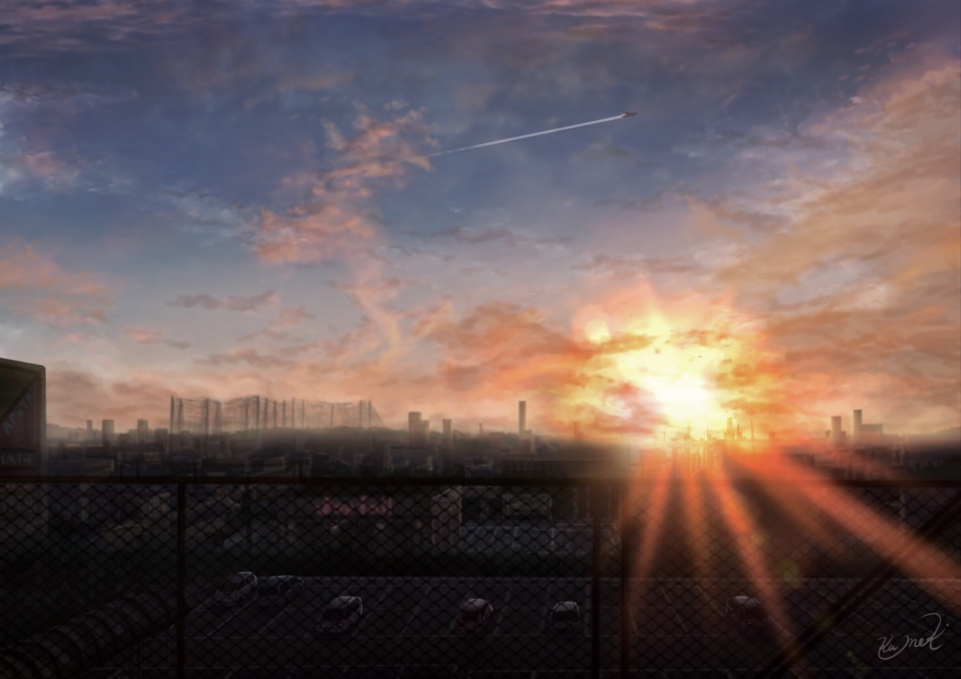 Download Parking Lot Cloud Sky City Fence Sunset Anime Original Anime Sunset Sky Anime Anime City HD Wallpaper by クメキ