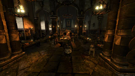 8K Ultra HD PC desktop wallpaper featuring a dimly lit medieval hall scene from the video game The Witcher 3: Wild Hunt.