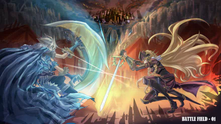 HD PC desktop wallpaper featuring Aegina and Milanor from the video game Yggdra Union: We'll Never Fight Alone in an intense battle scene.