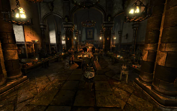 8K Ultra HD PC desktop wallpaper featuring a dimly lit medieval hall scene from the video game The Witcher 3: Wild Hunt.