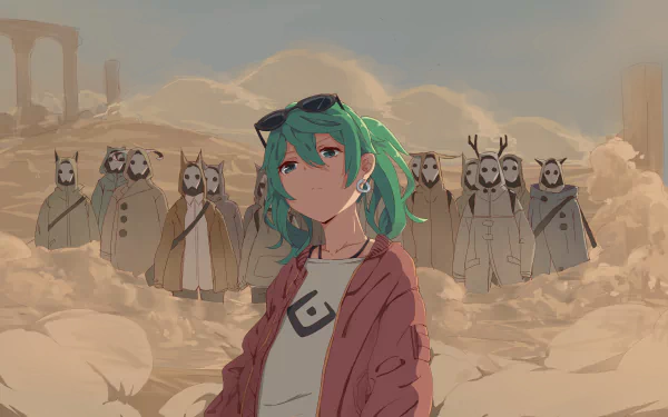 Hatsune Miku from Sand Planet stands confidently in a dusty, anime-style desert scene with mysterious cloaked figures behind her, designed as a HD PC desktop wallpaper.