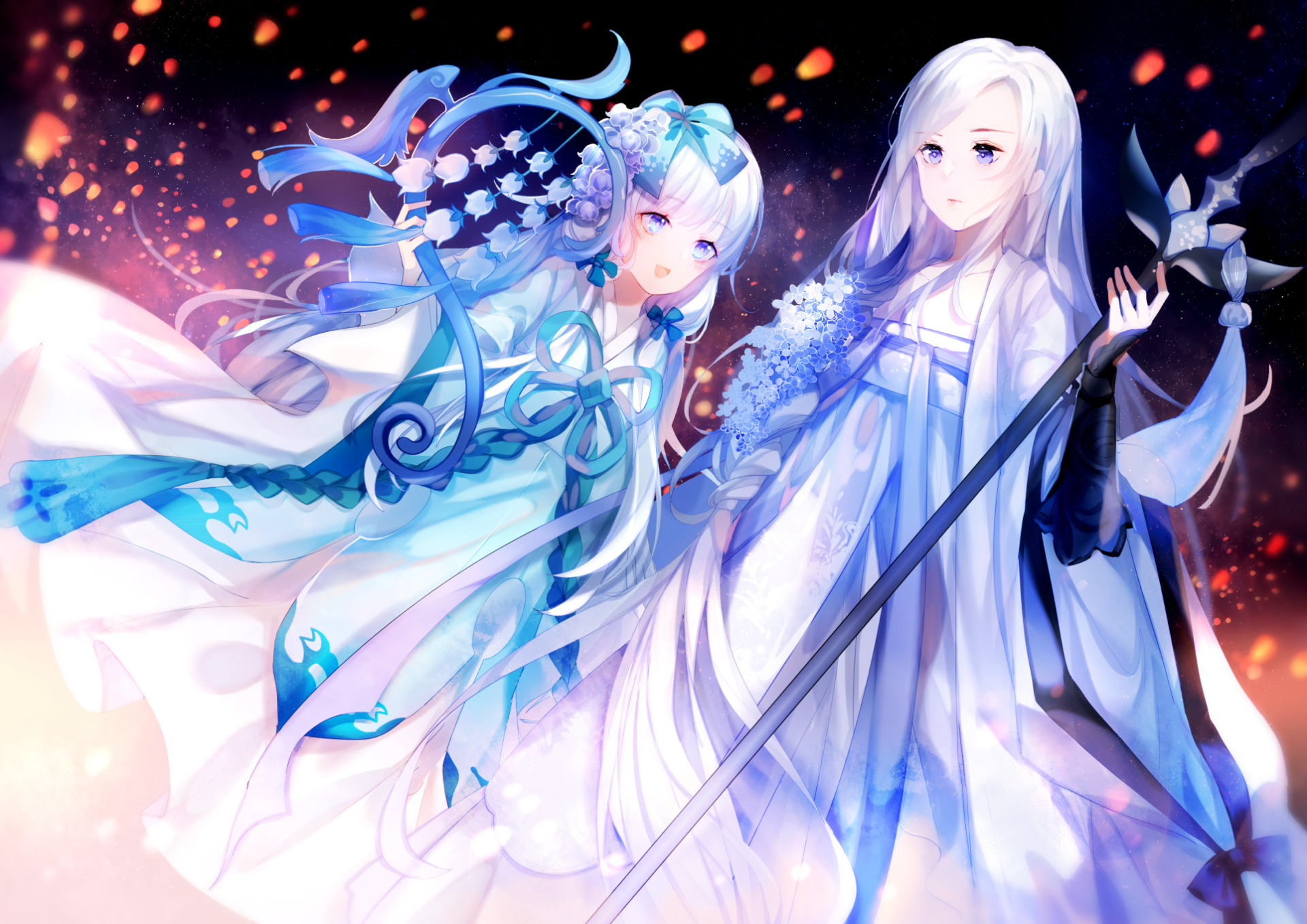 HD anime original artwork featuring two ethereal characters in flowing white and blue garments, set against a fiery, glowing background for a PC desktop wallpaper.