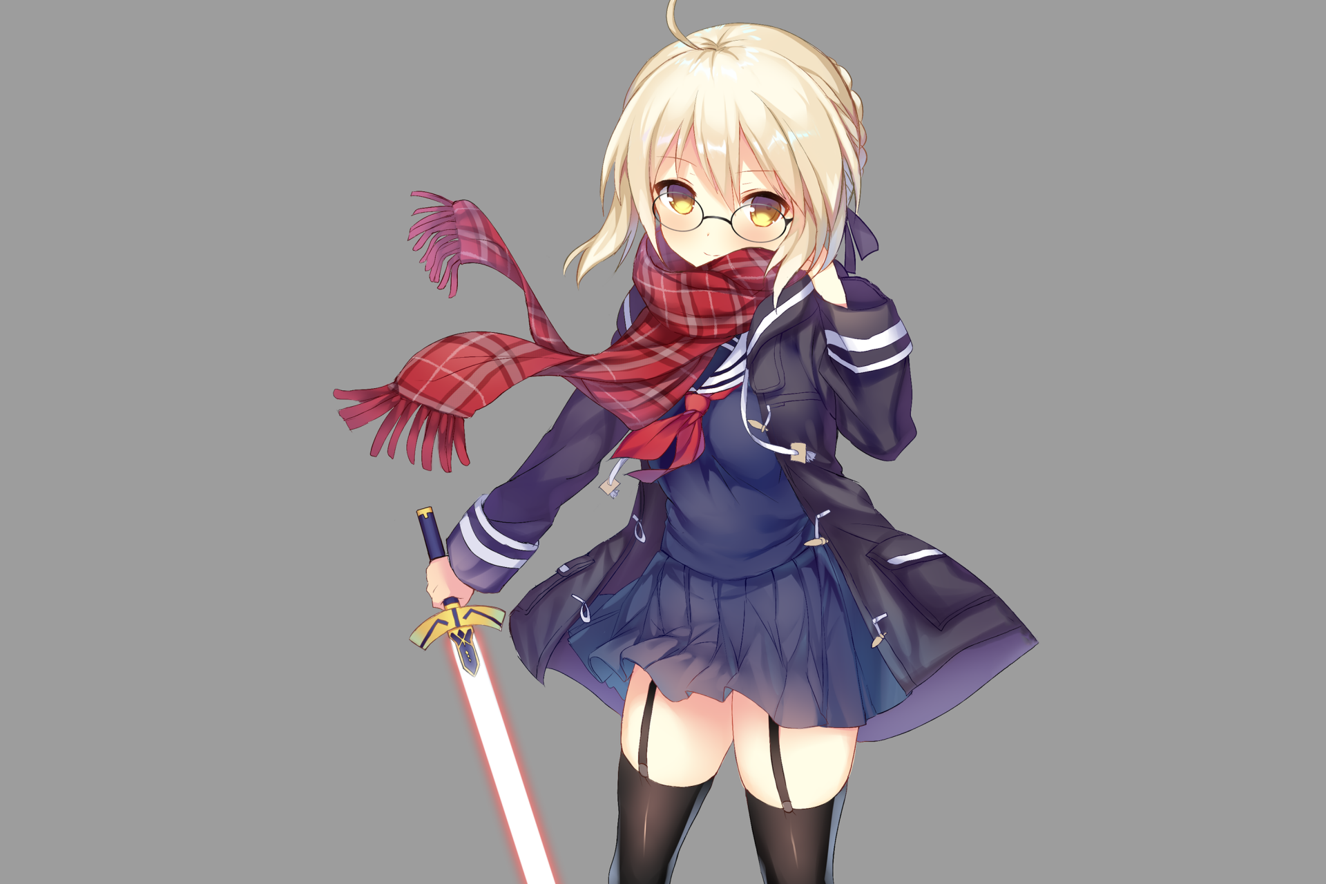 HD PC desktop wallpaper featuring Heroine X from Fate/Grand Order, depicted in anime style with a school uniform, red scarf, glasses, and wielding a glowing sword.