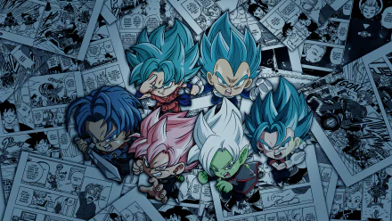 HD desktop wallpaper featuring chibi versions of Vegeta, Super Saiyan Blue, Goku, Trunks, and other characters from Dragon Ball Super, set against a background of manga panels.