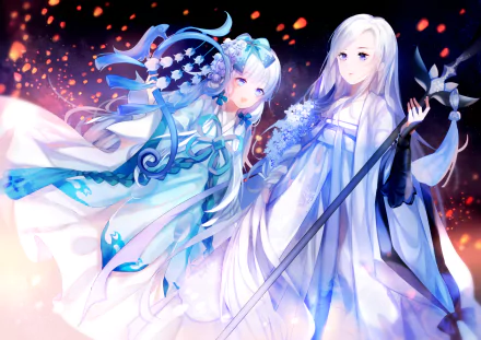HD anime original artwork featuring two ethereal characters in flowing white and blue garments, set against a fiery, glowing background for a PC desktop wallpaper.