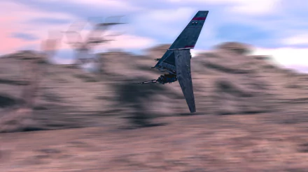 CGI 3D T-16 Skyhopper skims a rocky desert in a motion-blurred, cinematic Star Wars movie scene — 4K Ultra HD PC desktop wallpaper.