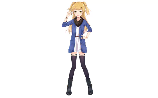 HD PC wallpaper of Rika Jougasaki (The iDOLM@STER Cinderella Girls): full-body anime pose, blonde twin-tails, blue coat over dress, black scarf, thigh-highs and boots on a white background.