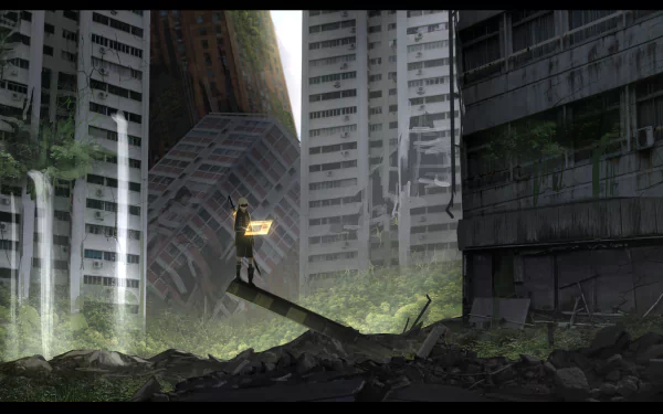 YoRHa No.9 Type S stands amidst a ruined cityscape in this HD PC wallpaper from the video game NieR: Automata.