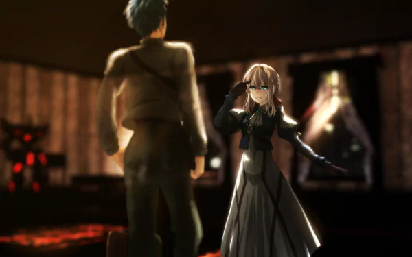 HD anime desktop wallpaper featuring Violet Evergarden and Gilbert Bougainvillea in a dimly lit room, capturing a dramatic moment from Violet Evergarden.