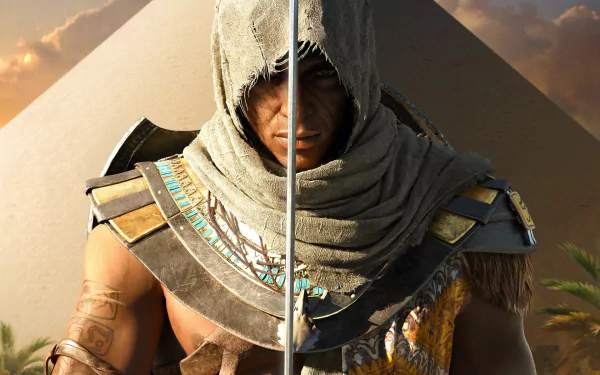 HD PC desktop wallpaper of Bayek of Siwa from the video game Assassin's Creed Origins, featuring a split image highlighting his detailed armor and hood against a pyramid backdrop.