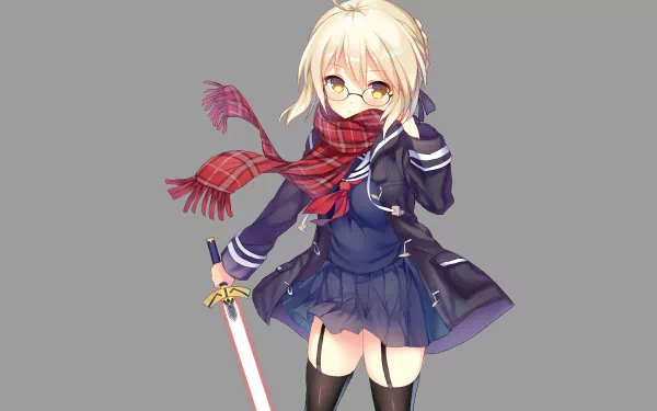 HD PC desktop wallpaper featuring Heroine X from Fate/Grand Order, depicted in anime style with a school uniform, red scarf, glasses, and wielding a glowing sword.