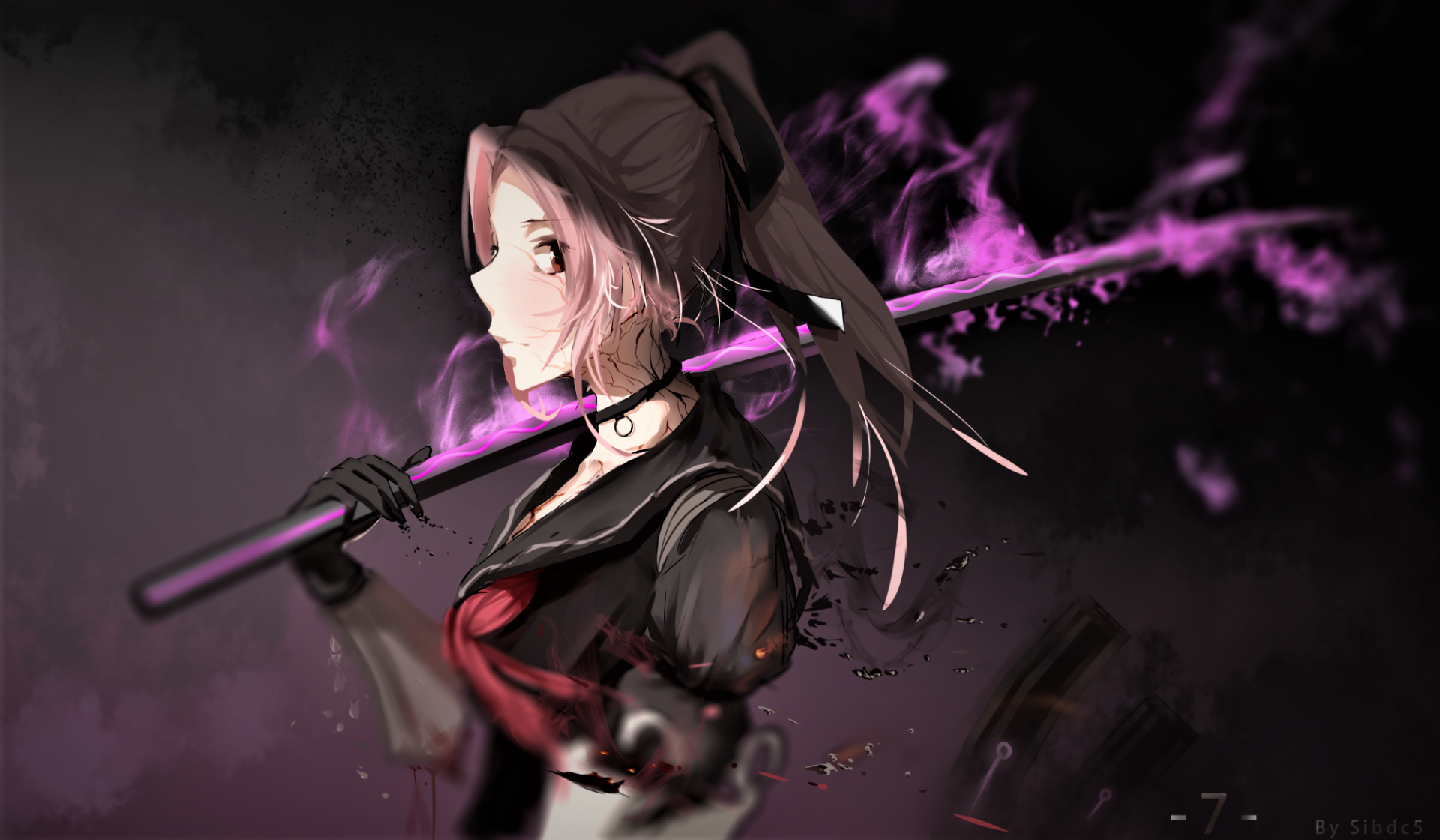 HD PC desktop wallpaper featuring a female character from the video game Forever 7th Capital, holding a glowing purple weapon against a dark background.