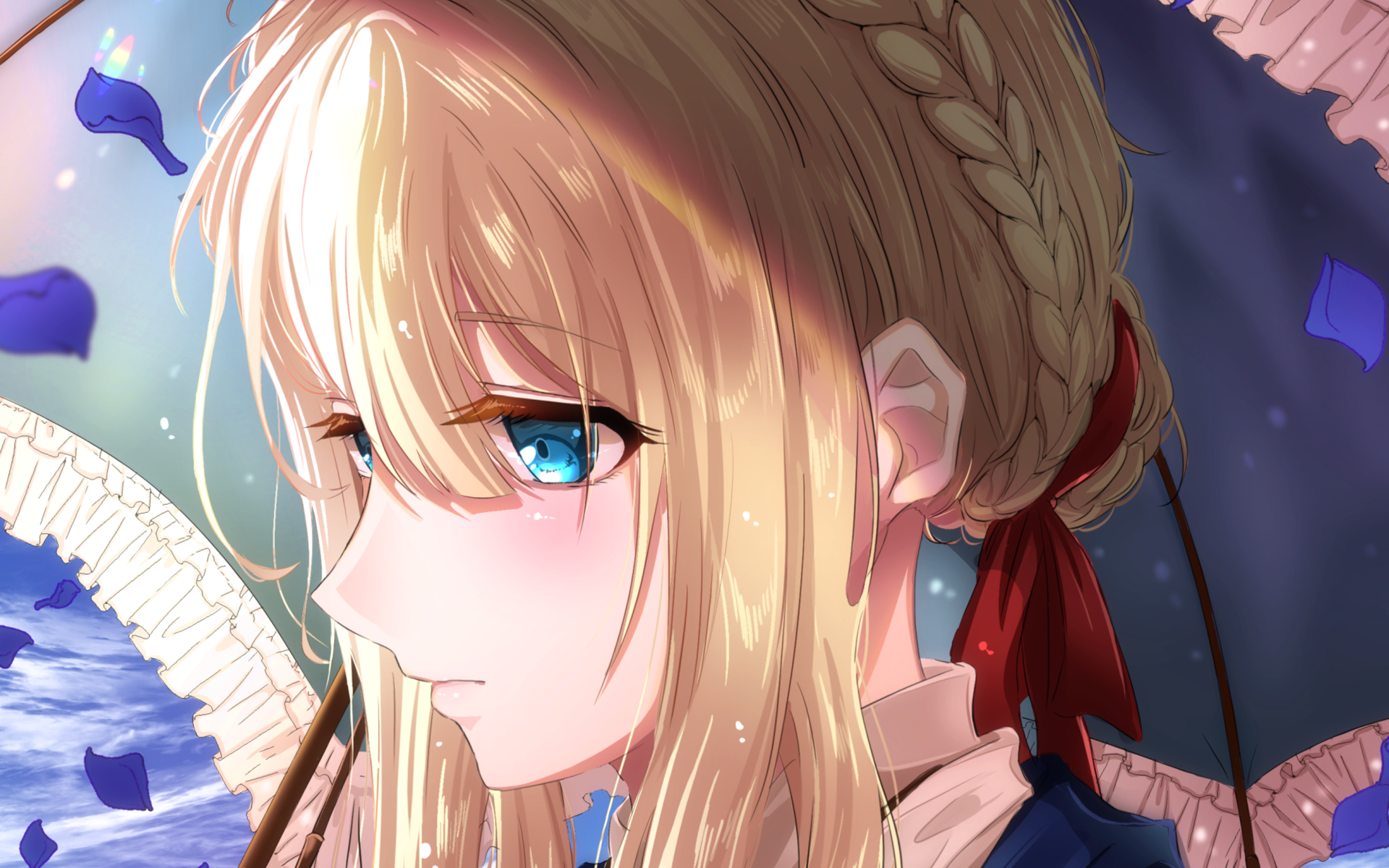 HD desktop wallpaper featuring the anime character Violet Evergarden, from the series Violet Evergarden. The character is depicted with her iconic blonde hair and blue eyes, framed by a serene and colorful background.