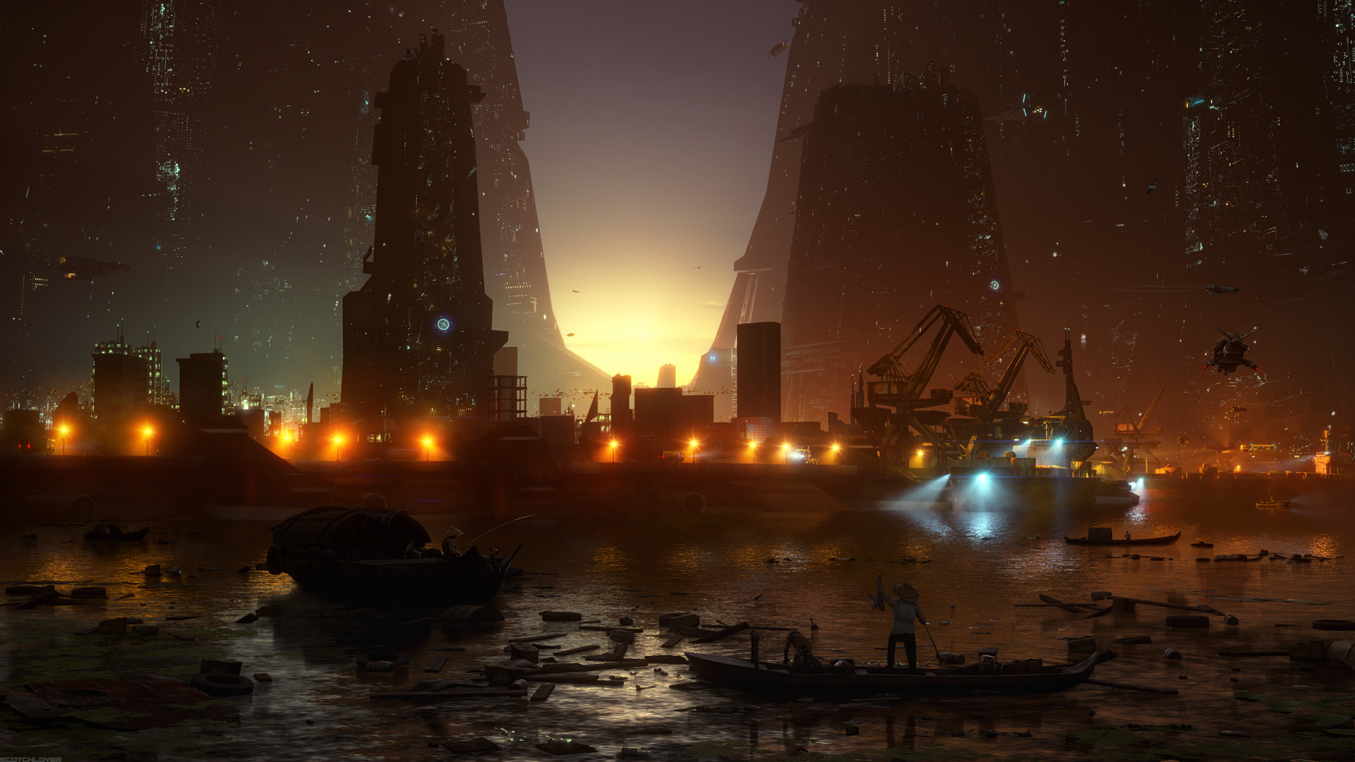 A futuristic city skyline with towering skyscrapers illuminated by glowing lights, set against a serene waterway where boats navigate through a sci-fi landscape at dusk.