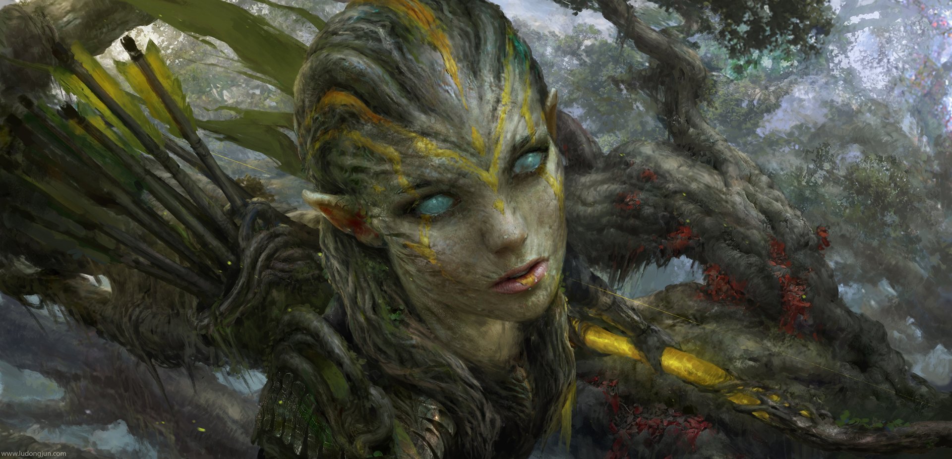 A fantasy creature with pointed ears and glowing eyes, carrying arrows, set against a dark, mystical forest background in high-definition.