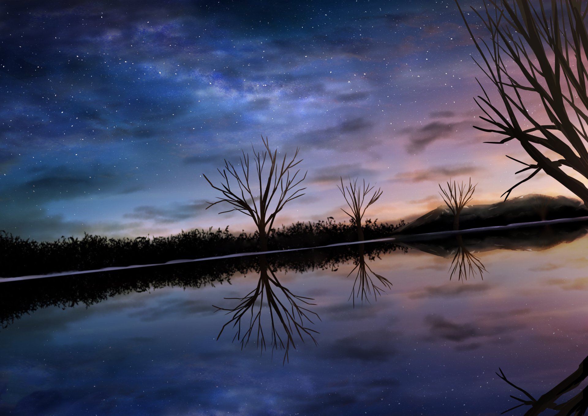 A serene starry sky reflects on calm water, surrounded by silhouetted trees. This original anime-inspired artwork showcases vibrant colors in 4K Ultra HD.
