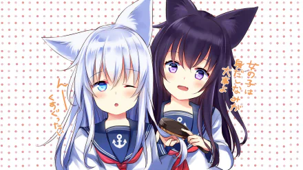 HD PC desktop wallpaper of Kantai Collection (KanColle) anime characters Akatsuki and Hibiki in sailor uniforms with cat ears — white-haired winking girl and dark-haired girl holding a toy ship.