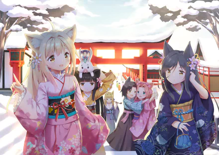 Anime HD PC wallpaper featuring Kiri, Natsume, Ren, Yuzu, Satsuki, and Sakura from Konohana Kitan in traditional attire at a snowy shrine.