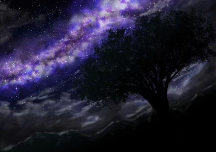 HD anime desktop wallpaper featuring a magnificent starry sky with a glowing Milky Way, a silhouetted tree, and a serene night atmosphere.