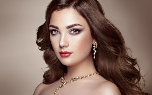 Women Model Brunette Blue Eyes Lipstick Earrings Jewelry Necklace Face HD Wallpaper | Background Image