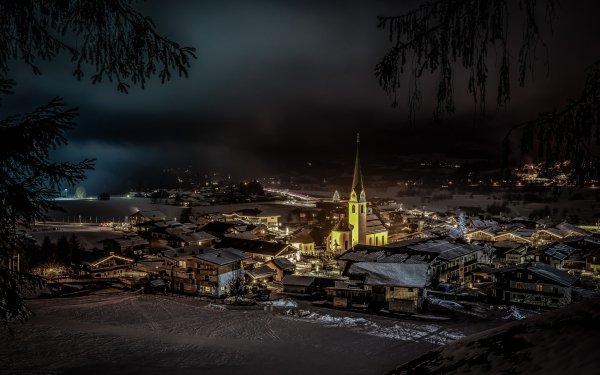 Man Made Village Night Church Winter Austria HD Wallpaper | Background Image