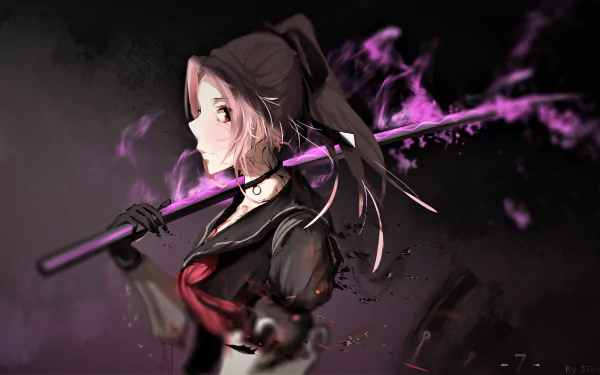 HD PC desktop wallpaper featuring a female character from the video game Forever 7th Capital, holding a glowing purple weapon against a dark background.