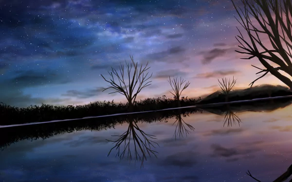 A serene starry sky reflects on calm water, surrounded by silhouetted trees. This original anime-inspired artwork showcases vibrant colors in 4K Ultra HD.