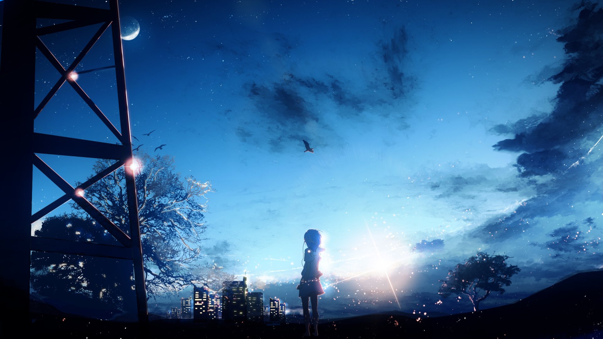 Anime-style HD desktop wallpaper featuring a silhouetted figure gazing at a glowing full moon in a vibrant night sky with scattered clouds and city lights.