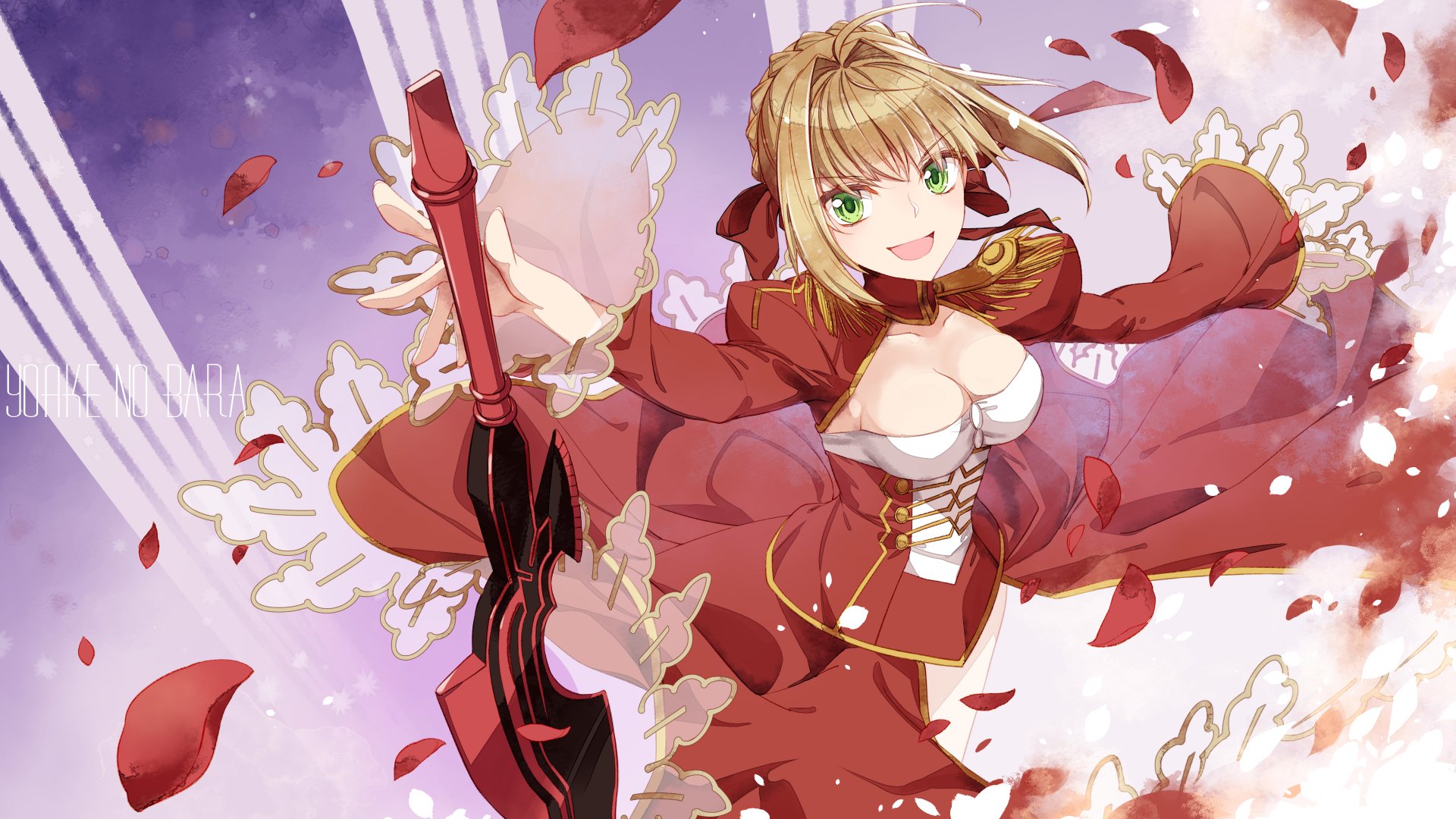 HD PC desktop anime wallpaper of Saber (Fate Series, Fate/Extra) — blonde, green-eyed in a flowing red dress, brandishing a lance as rose petals swirl against a glowing purple sky.
