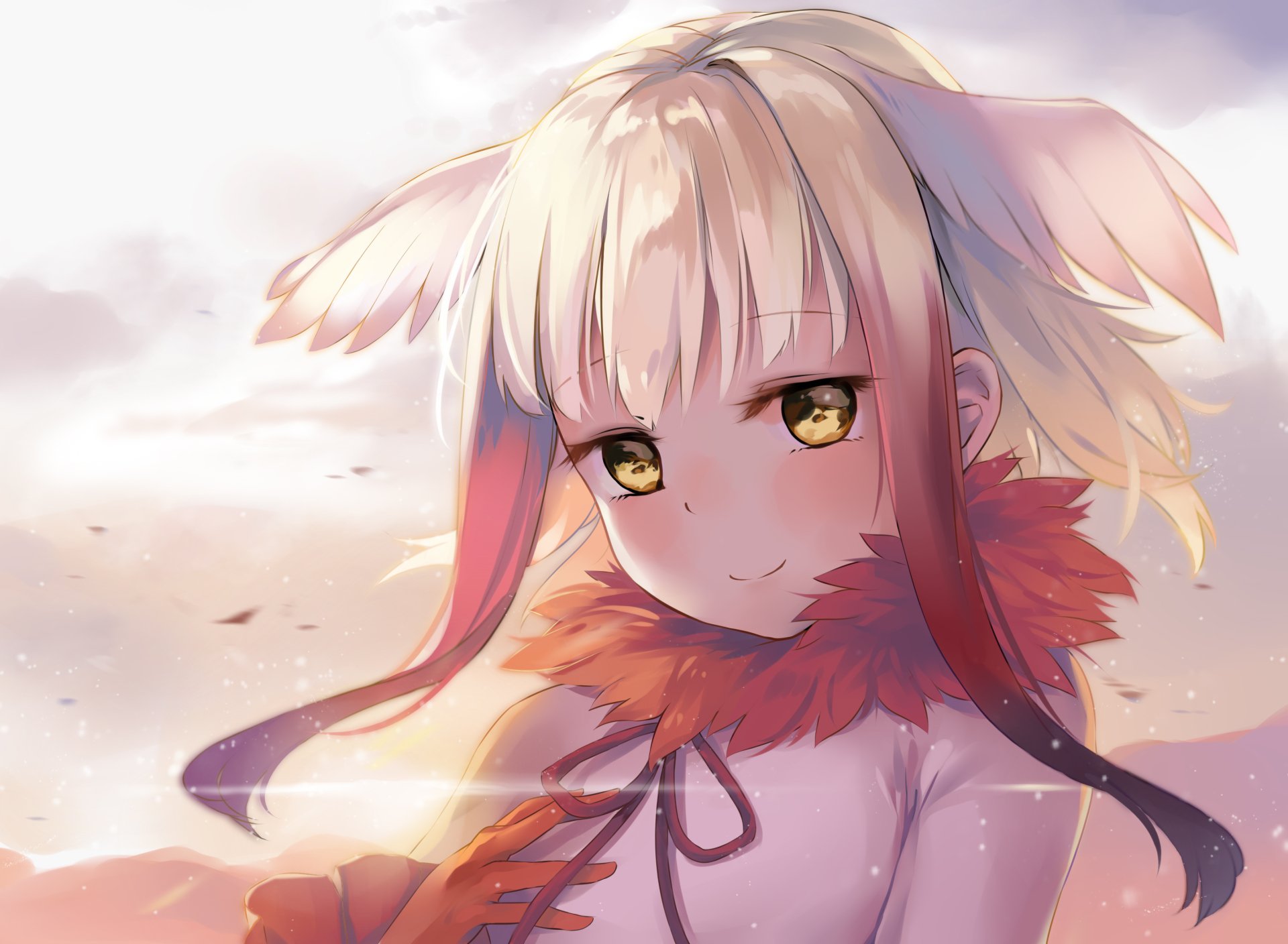 Anime-style HD desktop wallpaper featuring Crested Ibis from Kemono Friends with soft lighting and detailed feathers in a warm, pastel-colored background.