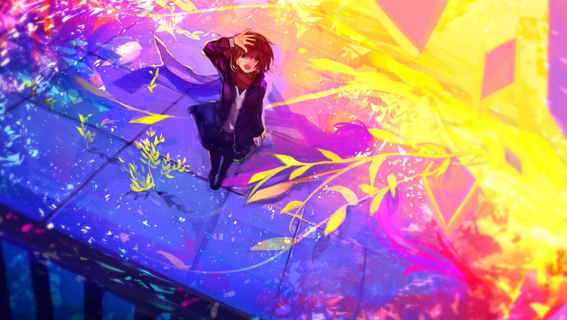 An original anime HD desktop wallpaper featuring a character standing amidst vibrant, colorful light effects. The surreal scenery blends purples, blues, and yellows, creating a dynamic and uplifting atmosphere.
