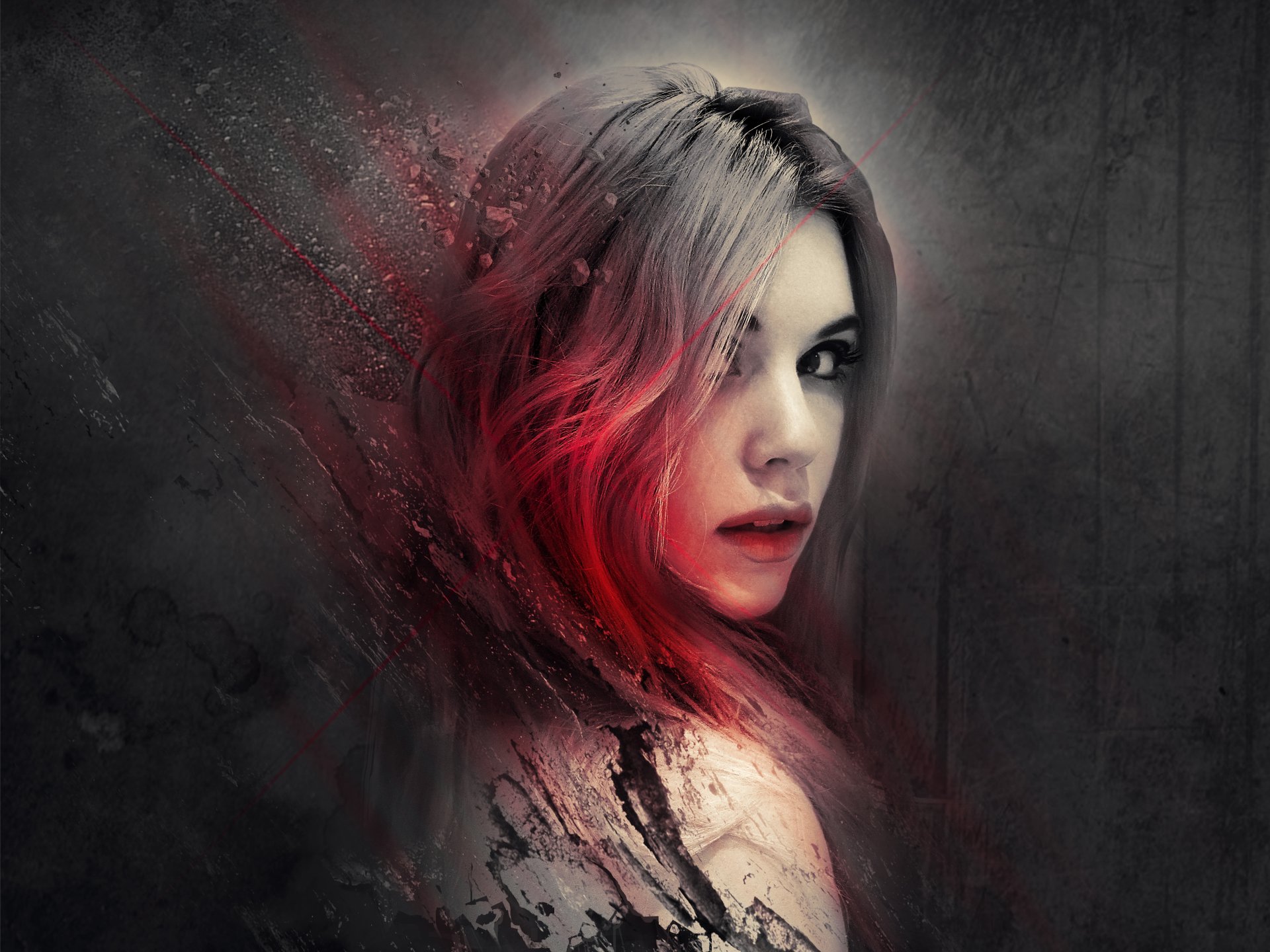 Artistic 4K Ultra HD PC desktop wallpaper of a woman with flowing hair that fades into red particles against a dark, textured background.