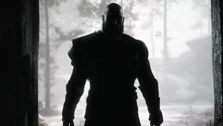 HD desktop wallpaper featuring Kratos from God of War (2018), silhouetted against a misty forest background.