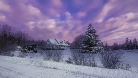 A snowy country farm at sunset with a purple sky, a tractor near a house, and tall trees covered in snow, captured in HD for a winter desktop wallpaper.
