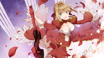 HD PC desktop anime wallpaper of Saber (Fate Series, Fate/Extra) — blonde, green-eyed in a flowing red dress, brandishing a lance as rose petals swirl against a glowing purple sky.