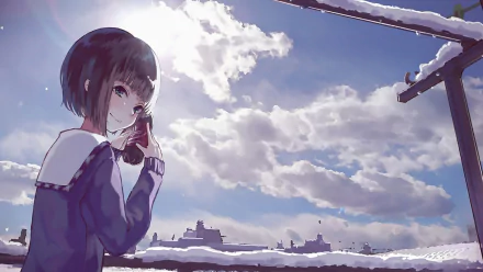 Anime-style HD desktop wallpaper featuring a girl with short dark hair in a snowy landscape under a bright, cloudy sky.