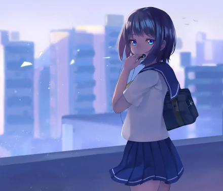 HD anime-style original artwork of a schoolgirl with short hair and a backpack, standing on a rooftop overlooking a cityscape at dusk, designed as a PC desktop wallpaper.