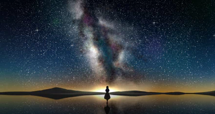Nighttime HD wallpaper featuring Violet Evergarden, an anime character, gazing at the mesmerizing star-filled sky with the Milky Way reflected in calm waters. Vibrant and atmospheric background.