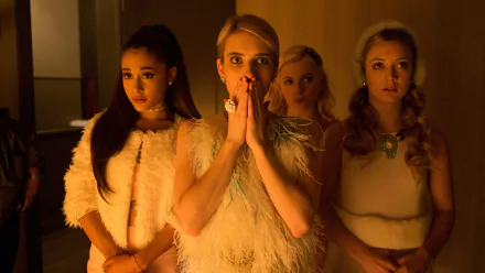 Ariana Grande and three women from the TV show Scream Queens in a dramatic, dimly lit scene, featured in 4K Ultra HD desktop wallpaper.