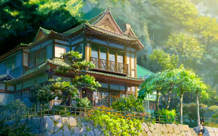 HD desktop wallpaper of an anime-style house surrounded by lush greenery in Itomori. Inspired by Your Name. the scene captures serene nature and detailed architecture.